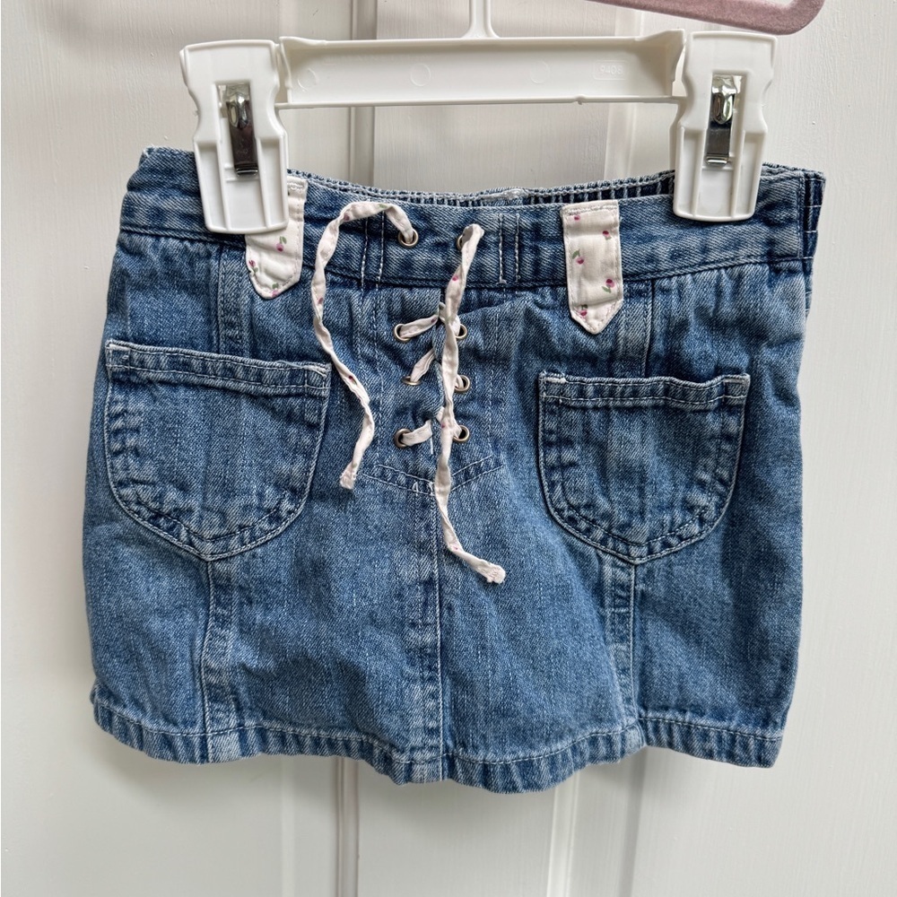 Koala Kids 3T Girls Blue Denim Drawstring Skort with Pockets and Floral Pattern